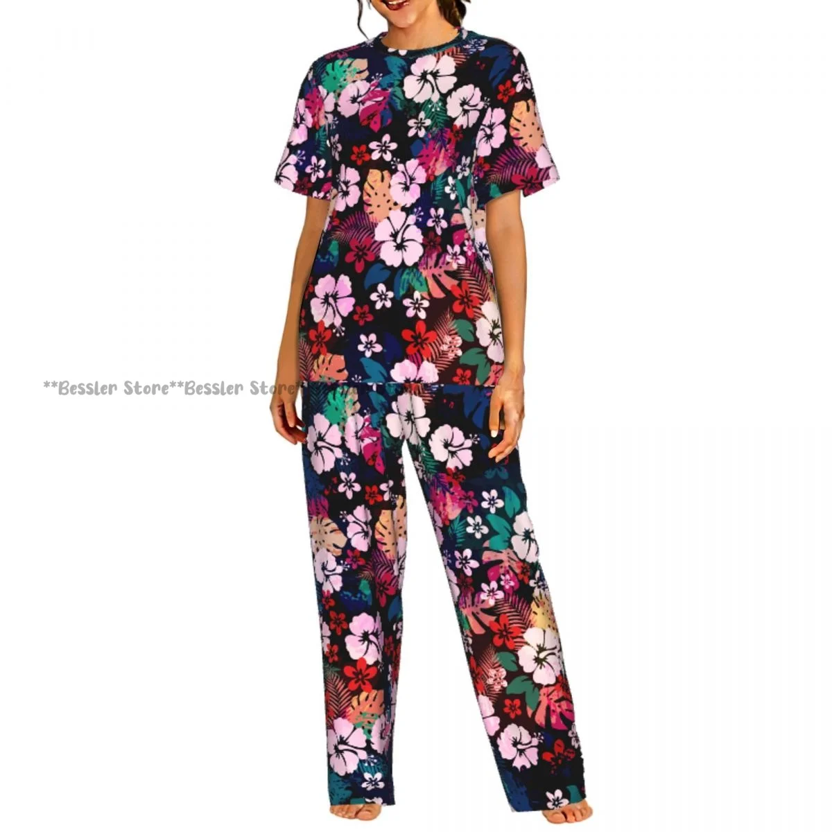 Hawaiian Tropical Floral Pattern Pajamas Set Short-sleeved Women Home Clothing