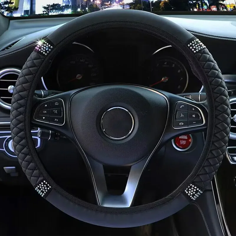 Car steering wheel cover without inner ring PU leather embroidery three-dimensional color diamond inlay suitable for 14.5-15in