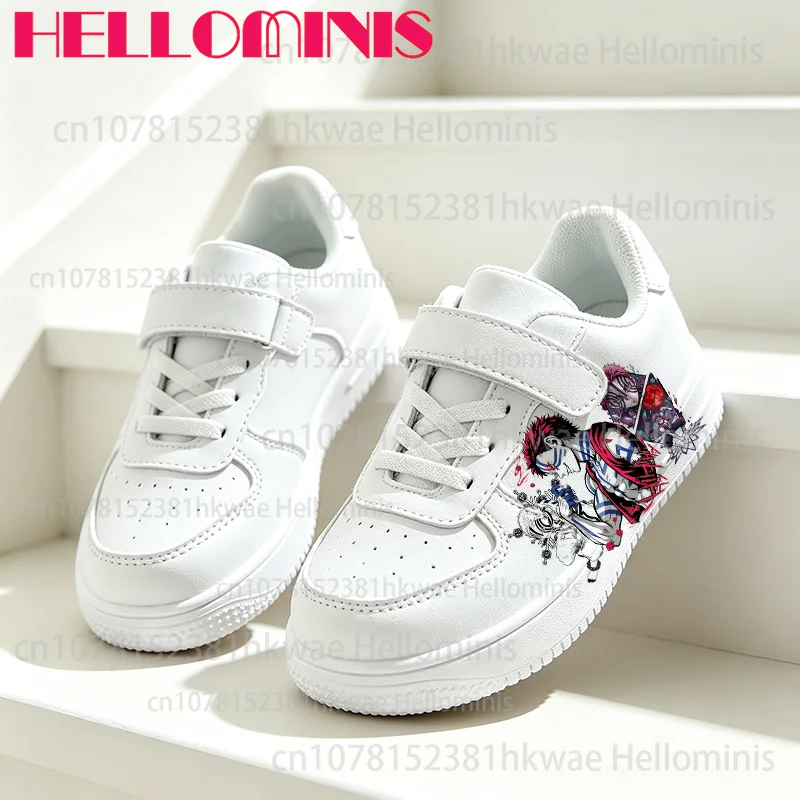 Kids White Casual Sneakers Akaza Print Hook Loop PU Leather Sports Shoes Boys Girls Non-slip Flat School Walking Shoes