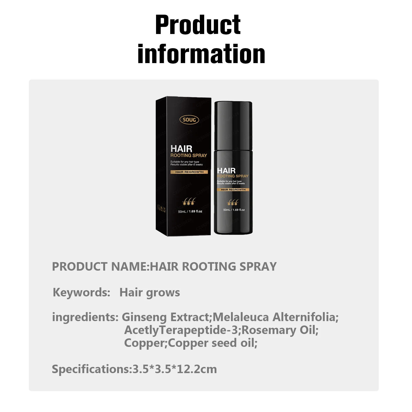 50ml Hair Growth Activator Spray with Ginseng & Copper Peptide Wake Dormant Hair Follicles For Thinning Hair/M-Type Hairline