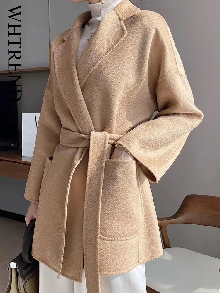 

WHTREND Elegant Double-Sided Wool Coat With Water Ripple Pattern For Women Fashion Belt Woolen Coats Office Lady High End WH1093