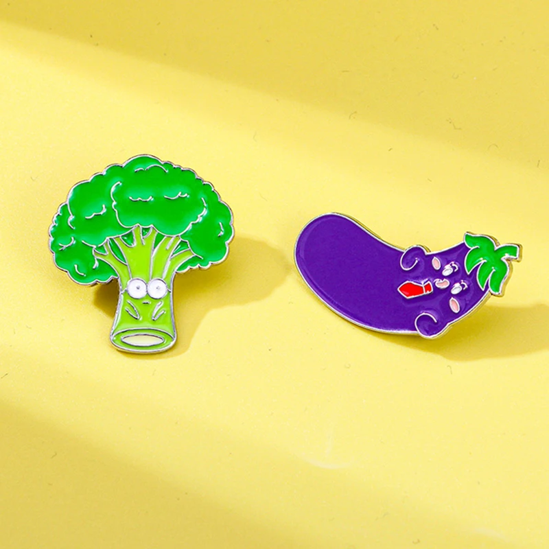 Cute Vegetable Metal Brooch Green Broccoli Bonus Tie Eggplant Mr. Cartoon Vegetable Enamel Badge Punk Lapel Pins Jewelry Gift