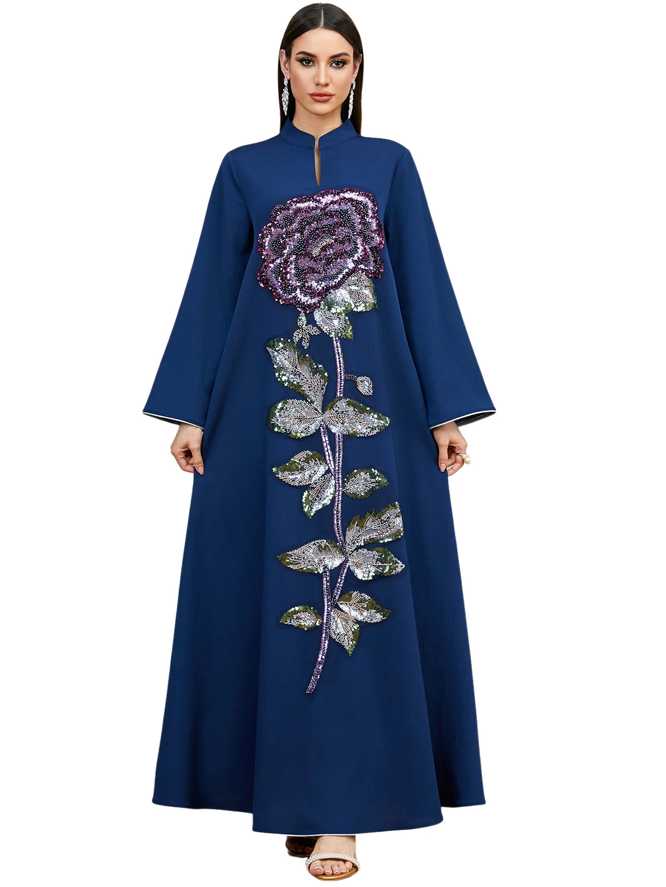 Dubai Women Stand Collar Long Sleeve Abaya Sequin Rose Embroidery Maxi Dress Muslim Evening Kaftan Gown for Wedding Banquet Even