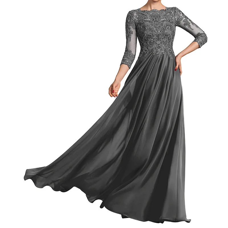 QMANSHA Maßgeschneidertes langes Brautjungfernkleid mit dreiviertellangen Ärmeln, Spitze, Chiffon, formelles Abendkleid, A-Linie, Hochzeits- und Partykleid – Detail 11