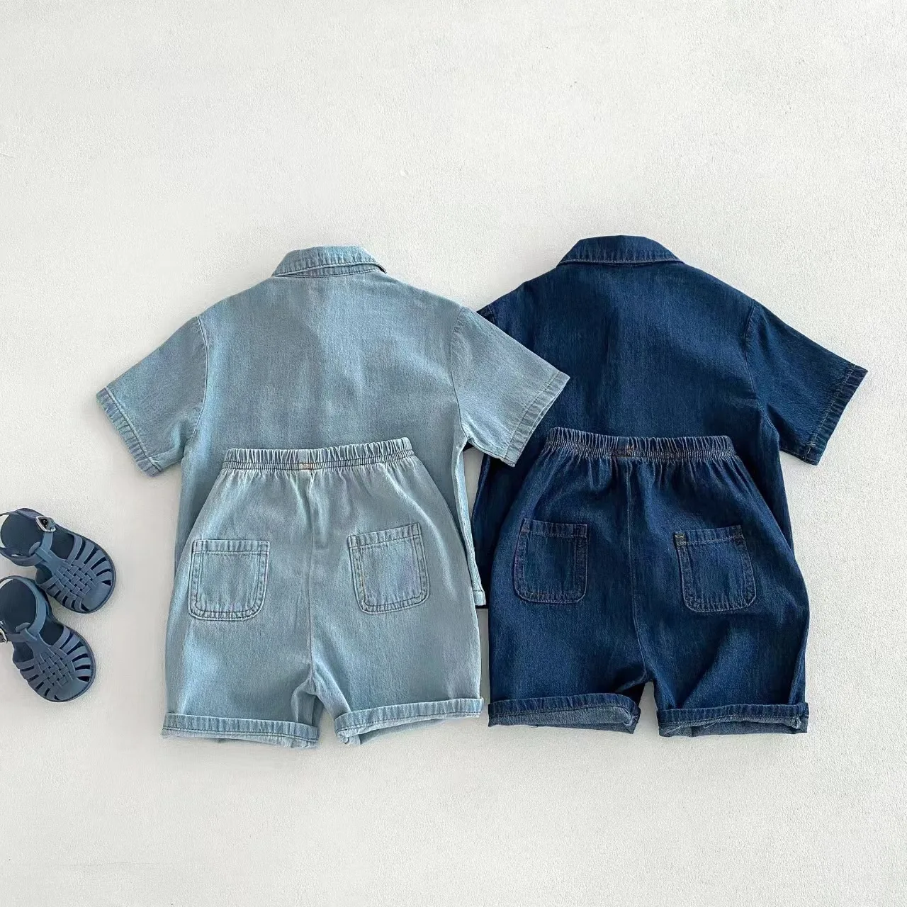 2025 Summer New Children's Korean Version of Denim Suit Men's and Women's Treasure Short-sleeved Jeans Trendy Two-piece Set