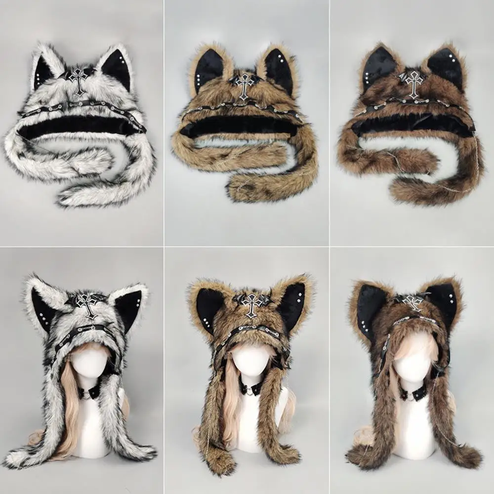 

Medieval Cross Fluffy Hat Wolf Cat Furry Ears Plush Headgear Rivet Metal Chain Decoration Anime Cosplay Halloween Warm Cap