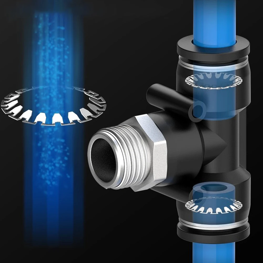 Black PB Pneumatic Quick Connector Hose With External Thread BSP1/4 1/2 1/8 3/8 Brass T-shaped Tee Connector PB8-02 6-01 10-03