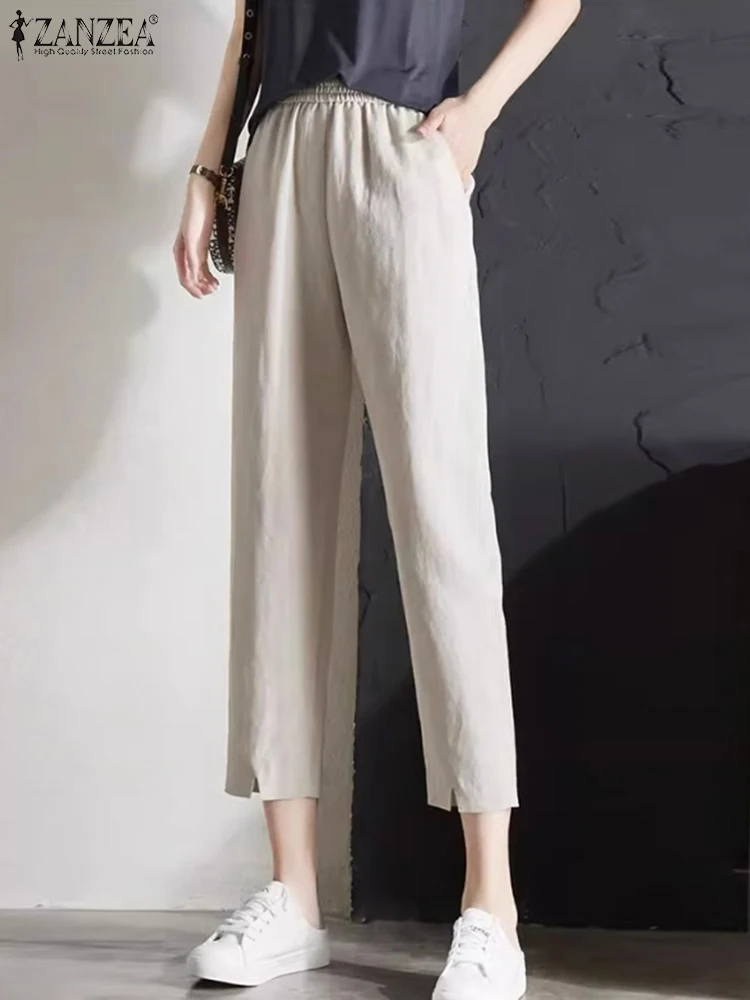 

ZANZEA Korean Casual Cropped Pants Women Elastic Waist Pockets Long Pants Summer Fashion Slit Pantalons Casual Straight Trousers