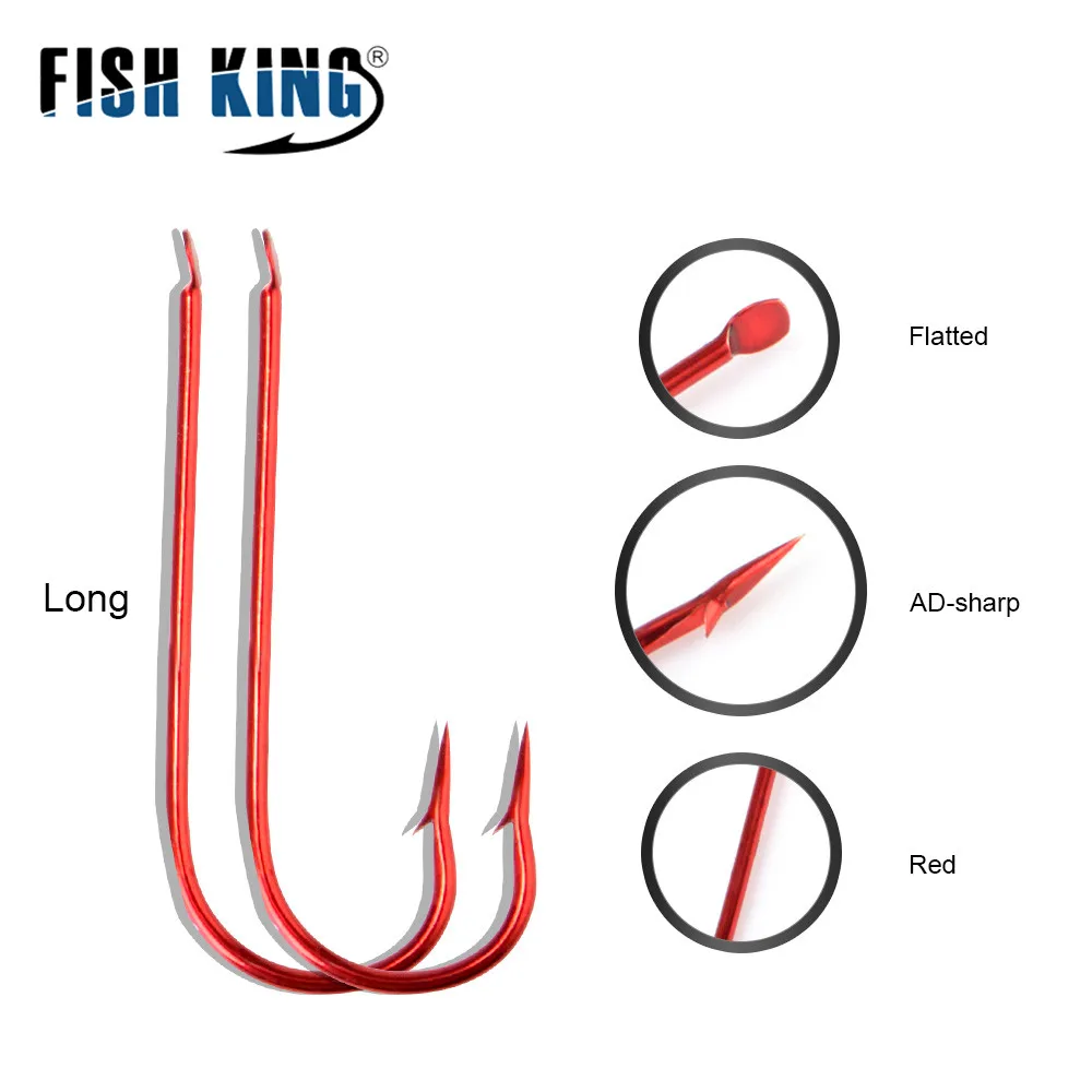 FISH KING 50Pcs Long Red Fishing Hook 6#-16# Barbed Fishhook High Carbon Steel Fishhook Bent Baitholder Ringed Carp Hook Tackle