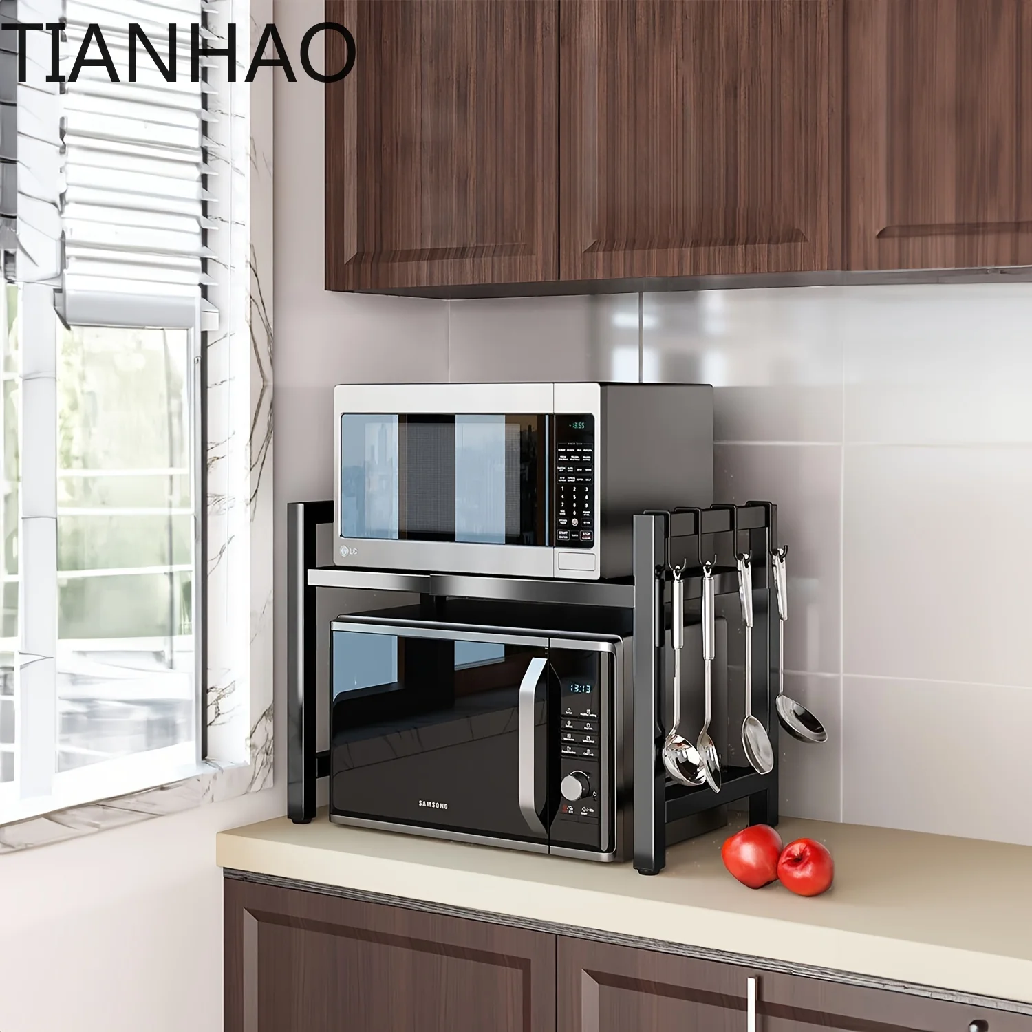 Expandable Microwave Shelf, Microwave Holder with 6 Hooks, Kitchen Storage Rack, Microwave Baking Rack,Extendable 40-64cm