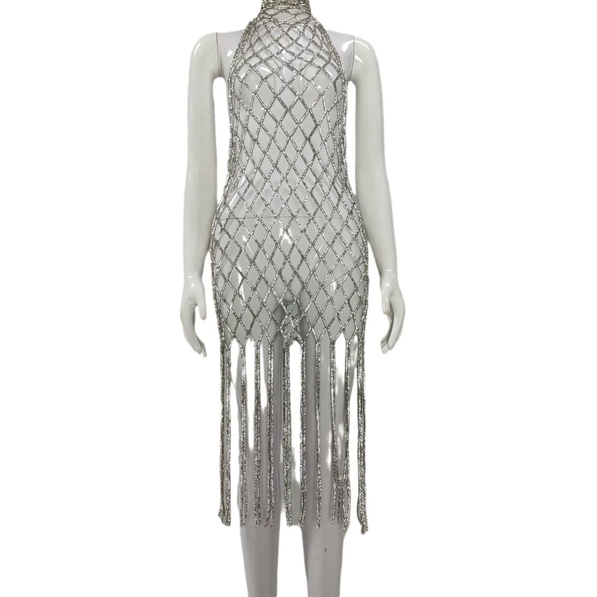 

Women's Dress Handmade Woven Rhinestone Halter Neck Backless Tassel Dress Sexy Dance Clothes