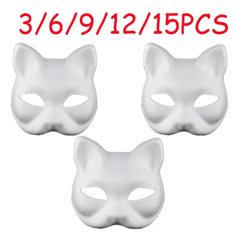 3/6/9/12/15 pièces masques Therian masques de chat blanc blanc bricolage masque d'halloween animaux demi-masques mascarade Cosplay fête 2024