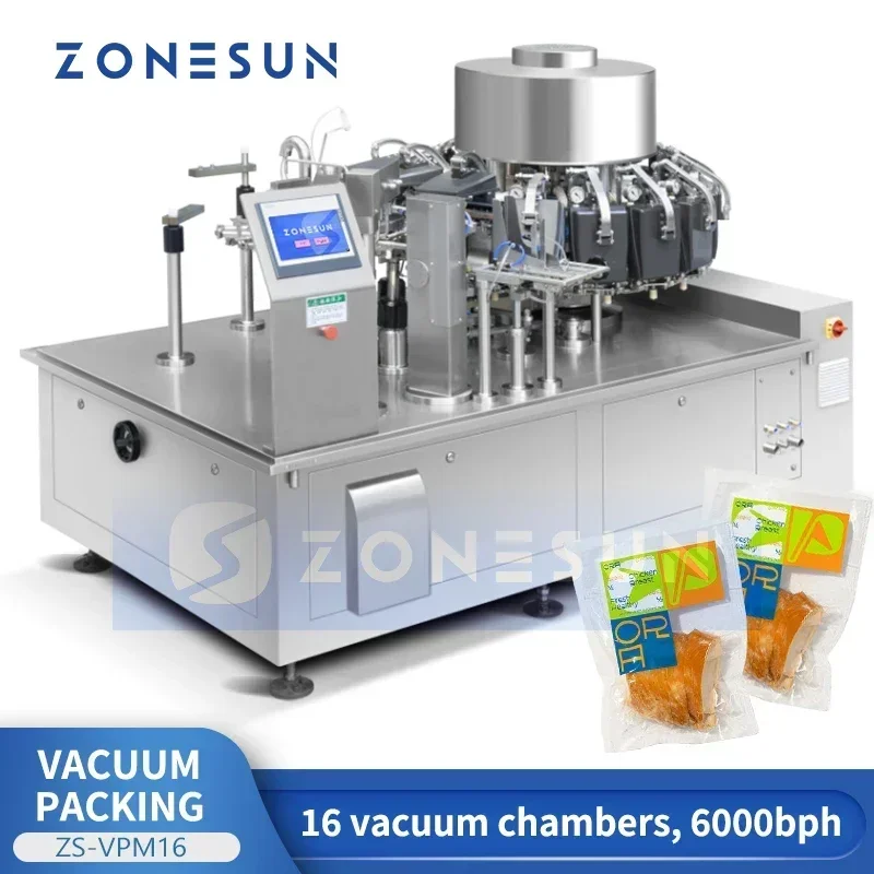 ZONESUN ZS-VPM16 Máquina de sellado al vacío rotativa para bolsas de alimentos, carne seca, aperitivos, línea de embalaje automática