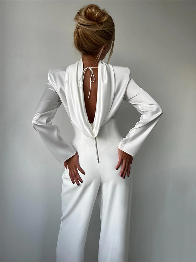 

Cutenew Elegant Pile Collar 2-Piece Set Women Office Satin Lace-Up T-shirt+Zip High Waist Straight Pants Commute Slim Outfits