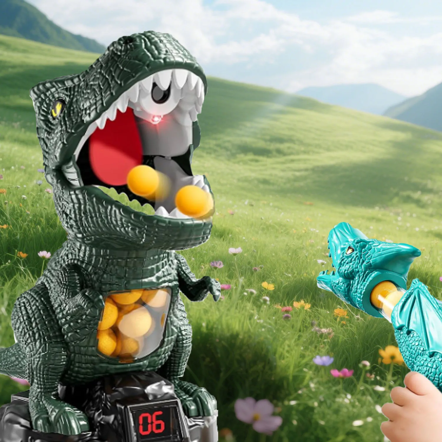 恐竜のおもちゃ、48発のエアポンプガン2個、恐竜の射撃おもちゃ、屋内および屋外のゲーム、取り外し可能な恐竜の射撃おもちゃ