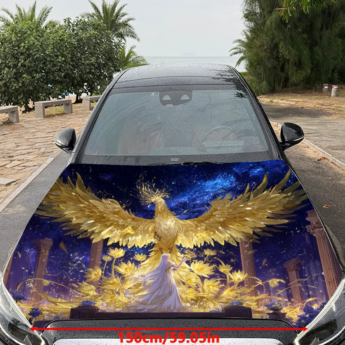 Golden Phoenix and Girl Under Starry Dome Car Vinyl Wrap, PVC Material Waterproof Car Hood Sticker, Self-Adhesive Scratch-Resist