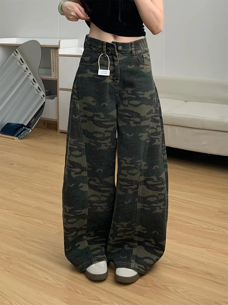 

plus Size American Casual Washed Camouflage Workwear Jeans Women Spring New Wide Leg Retro Lazy Wide Leg Long Pants