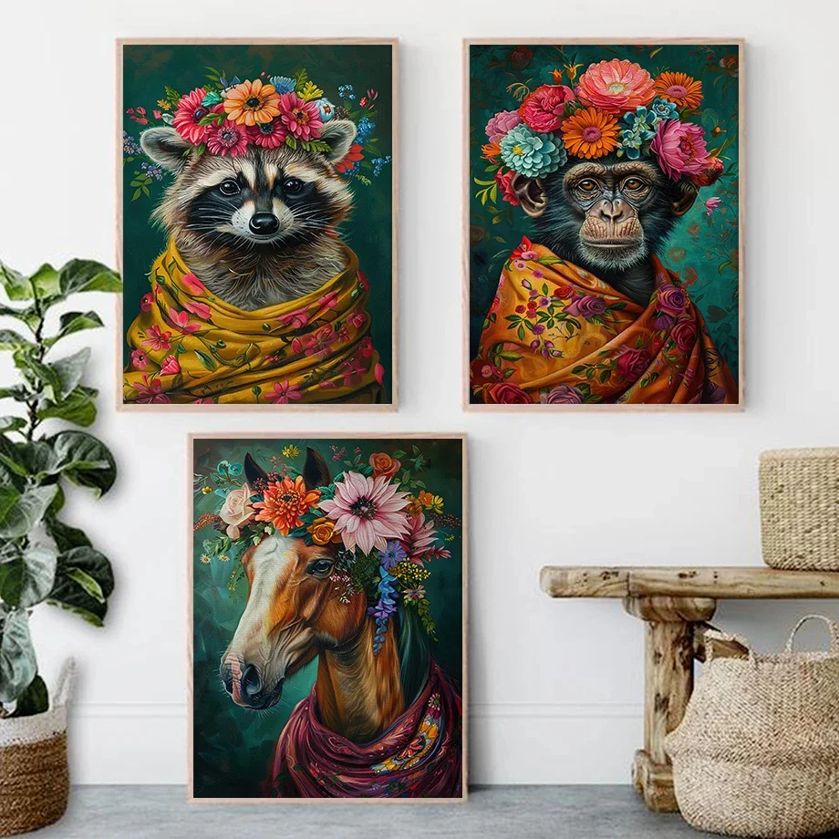 Vintage Maximalist Floral Wild Animal Canvas Painting Lion Owl Peacock Wolf Flower Poster Print Wall Art Picture Home Decor - view 3