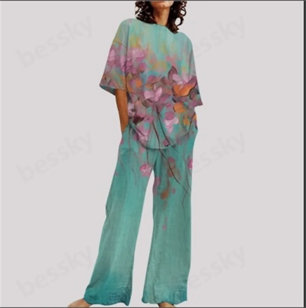 

Women's elegant chic linen loose breathable printed trousers short-sleeved shirt set casual two-piece set