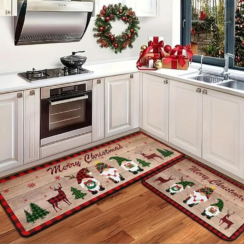 Christmas Themed Kitchen Mat, 2 Counts/set Non-slip Kitchen Rug, Merry Christmas Decorative Floor Mat