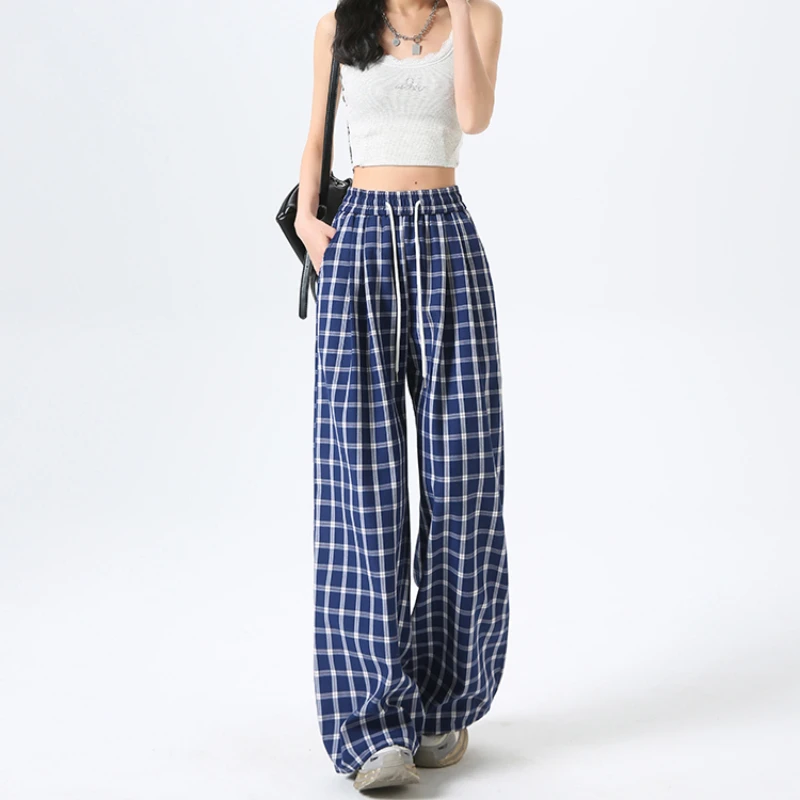 

2025 Spring/Autumn Women's Plaid Pants Straight Casual Women's Clothing Fashion Loose Wide Leg Trousers OL Korean Fashion Pants