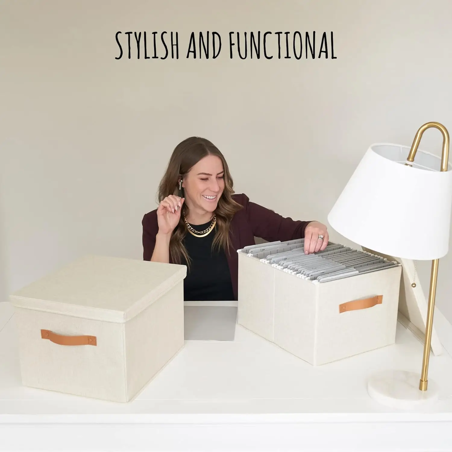 Collapsible File Organizer Box Set of 2 with Handles and Lid for Hanging Files, Portable Fabric Storage for Legal and Letter view 2