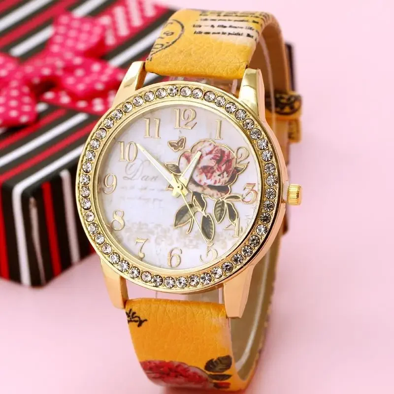 Reloj mujer 2020 moda rosa flor relógios de pulso feminino graffiti pulseira de couro quartzo relógio de pulso senhoras relógios casuais