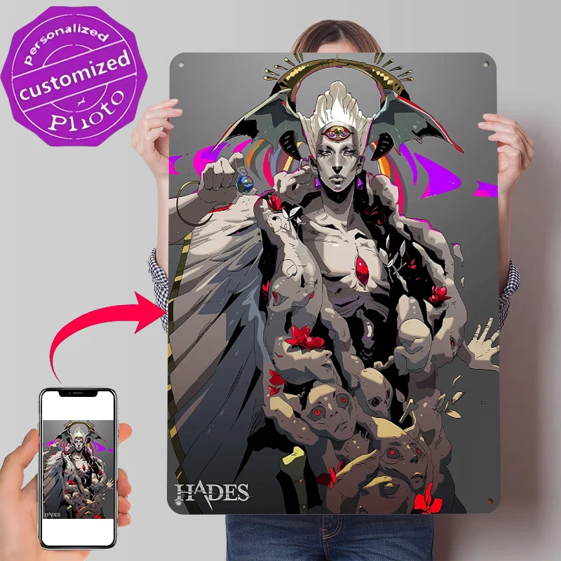 Hades Game Character Illustration 3D Printed Texture Poster Personalized Wall Art Retro Metal Tin Signs for Decor Room Wand Deko