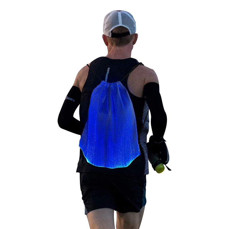 LED USB Rechargeable Optical Fiber Drawstring Bag Fiber Bundle Pocket Sports Backpack at Night