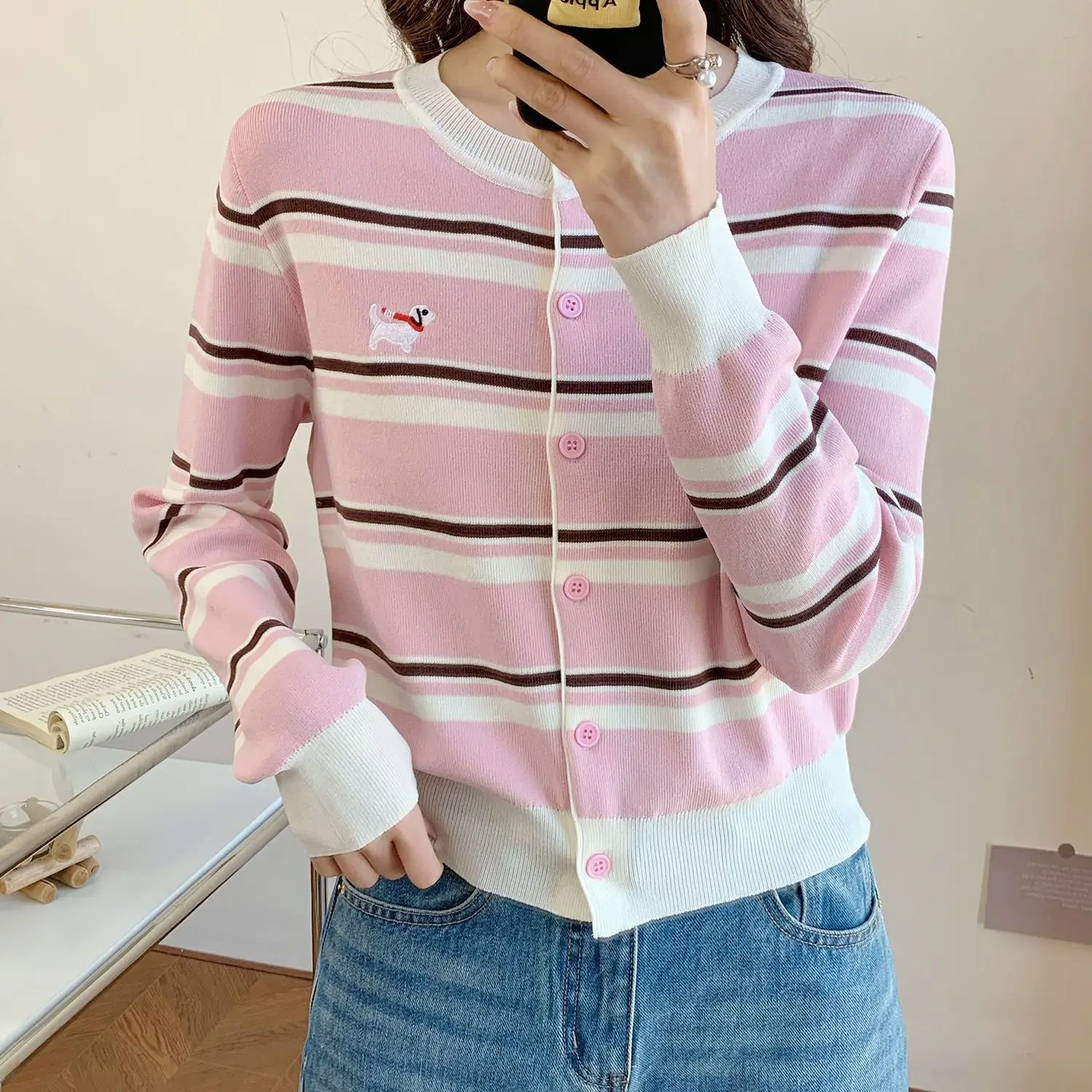 

Корейский стильный темно-синий полосатый вязаный кардиган для колледжа, милый мультяшный мягкий свитер, пальто, милый щенок, короткие куртки с вышивкой