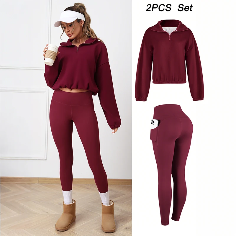 2PCS Thermal Yoga Set Fleece Fintness Suit Women's Sports Set  Fleece Pullover Sweatshirt with Non-fleece-lined  Leggings