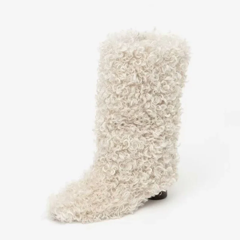 Thick Fur Warm Short Booties Low Round Heels Half Knee High Boots Women Slip On Winter Furry Shoes