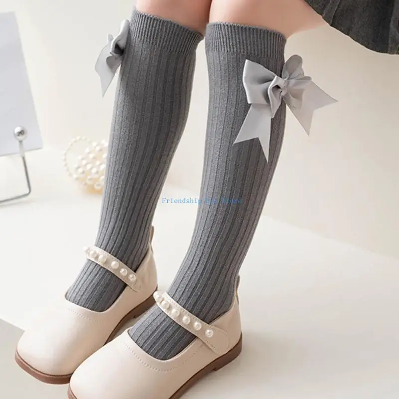 F1CB 여자 활 무릎 높은 양말 학교 유니폼 파티 착용 양말 큰 리본 활,