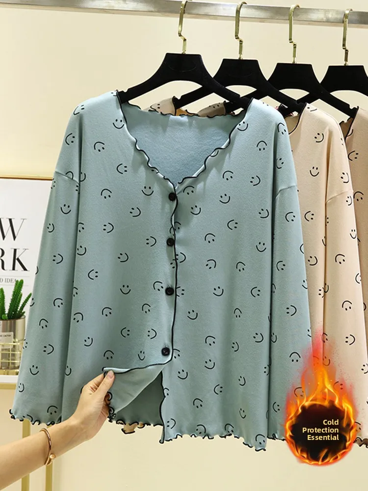 

New Print Open Cardigan Home Clothes Women's Long Sleeve Velvet Sleepwear Large Size Loose Warm Flounce Top
