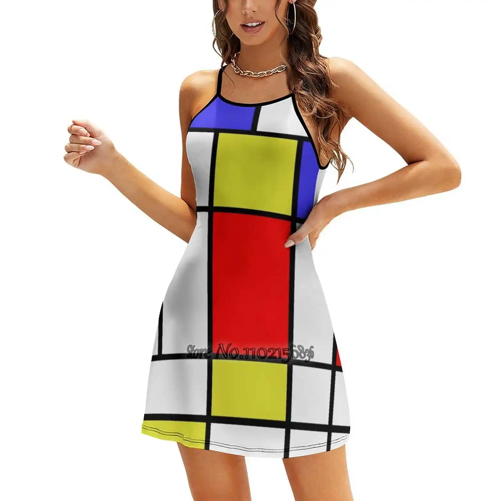 Mondrian #58 Back Lacing Backless Dress Square Neck Dress Sweetheart Knot Flared Dress Mondriaan Mondrian Abstract Art