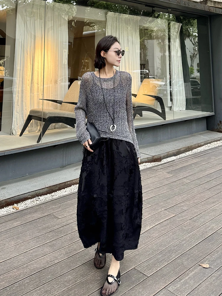 

Zhou Zhou High Waist Loose Fit Floral Print 3D Emed Skirt Casual Comfortable Breathable Polyester Fiber A-Line Skirt