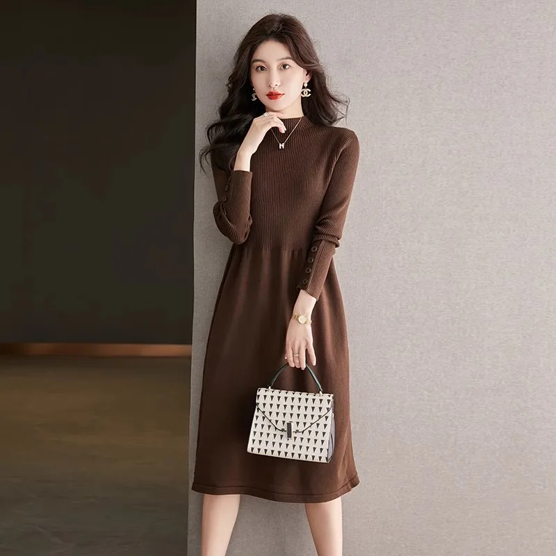 

Autumn Winter Half High Collar Medium-Length Slim Sweater Dress Waist-Fitted A- Line Knit Overcoat Inner Layer Base Coat CQ302