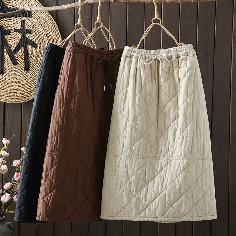 Retro Artistic Style Winter New Arrival Half Skirt with Cotton  Elastic Waist Diamond Pattern Splicing Open Split Versa...