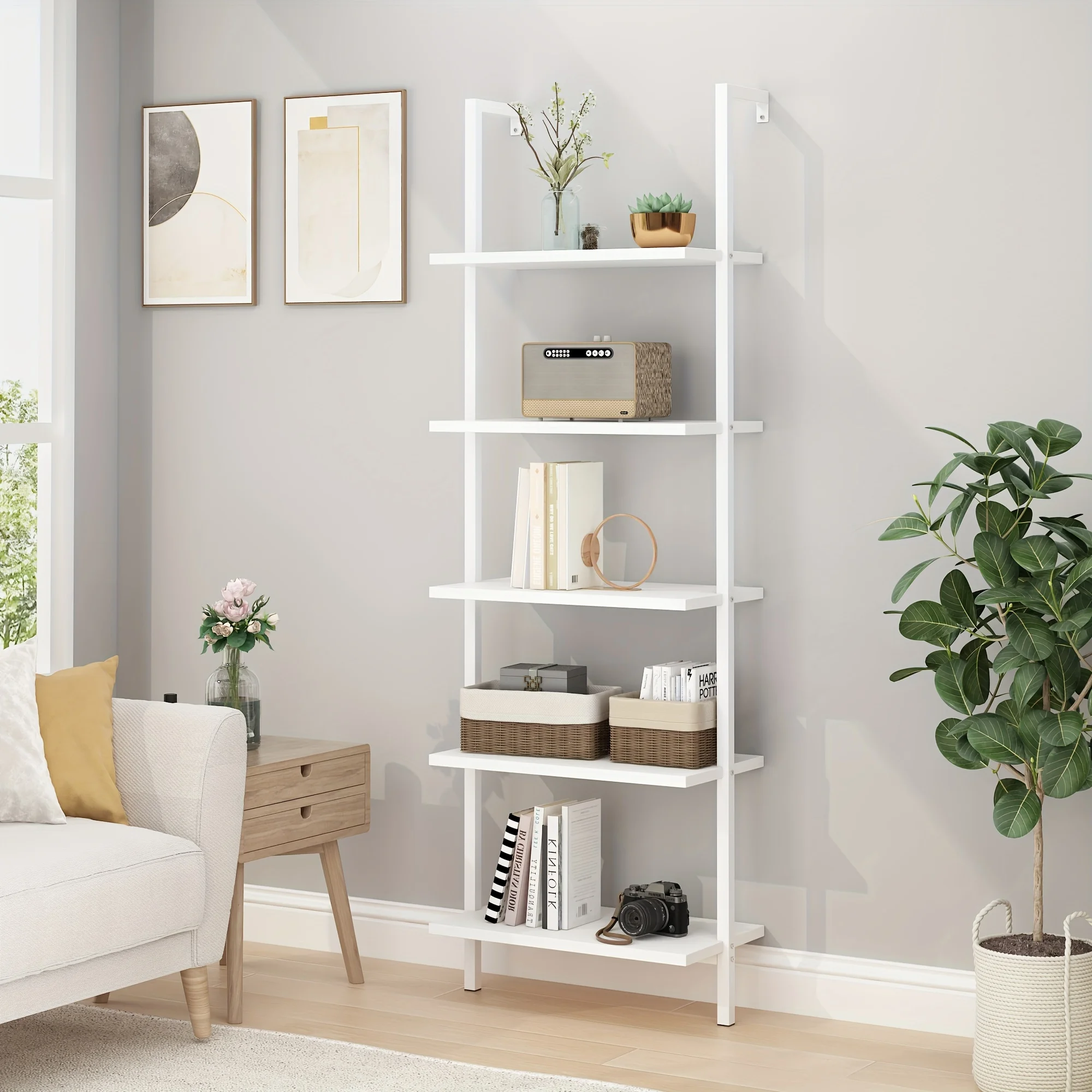 

5-Shelf Wood Ladder Bookcase with Metal Frame