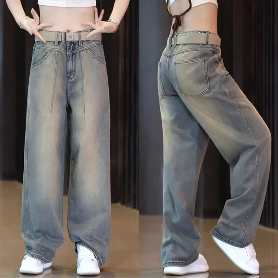 

Waed Vintage Casual Denim Jeans Men Women Trendy American High End Loose Straight Leg Pants Youthful Energy Sle Summer Co...