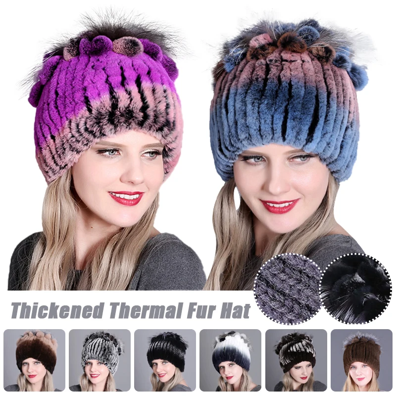 Fashionable Rex Rabbit Fur Knitted Fur Hat Warm Thick Autumn Winter Ladies Colorful Gradient Knitted Hat Cold-proof Accessories