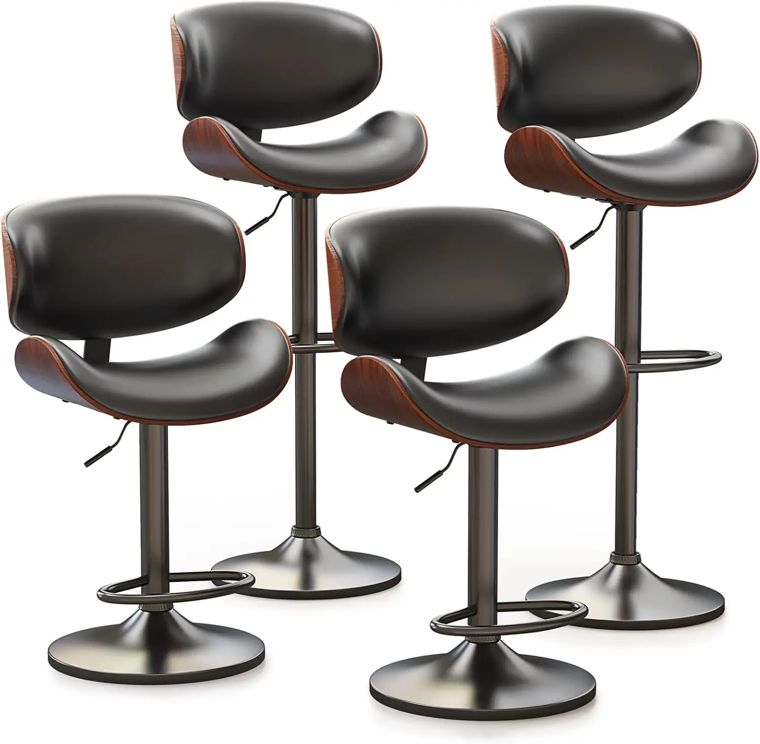 

Bar Stools Set of 4, Bentwood Adjustable Height Swivel Bar Stools, PU Leather Upholstered Bar Chair with Back and Footrest