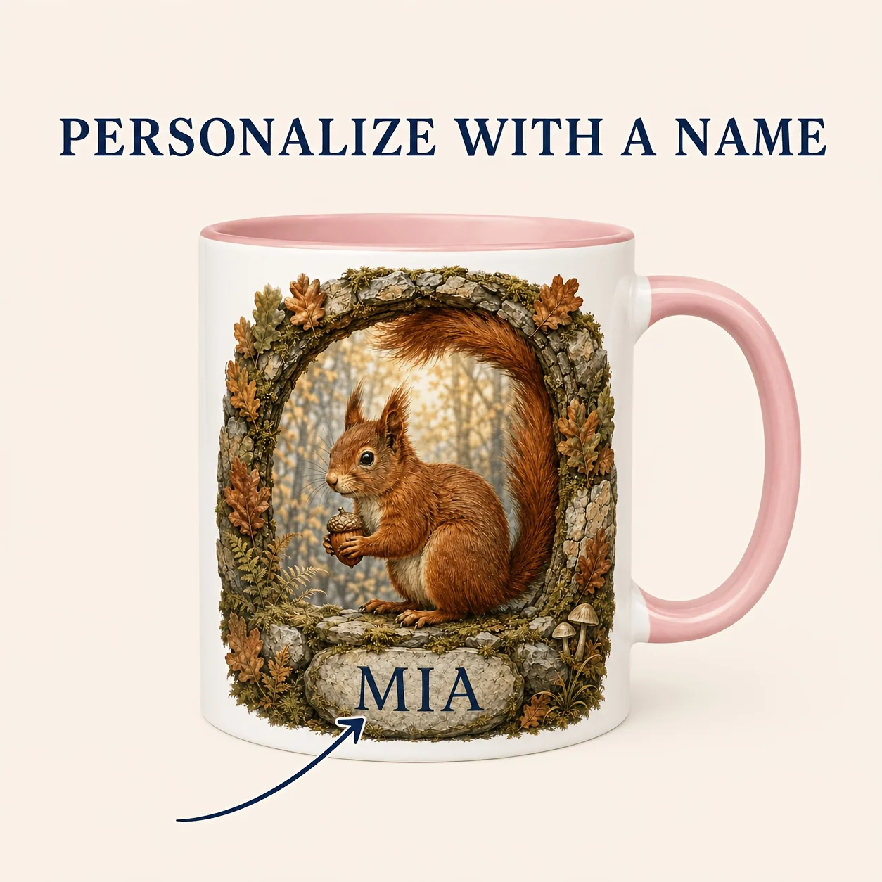 Custom Personalized Mug Red Squirrel Acorn Forest Coffee Cup Engraved Text Gift for Squirrel Lover Home Office