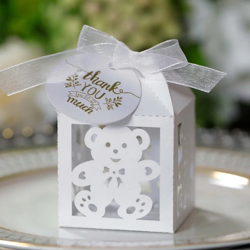 25/50/100pcs Candy Boxes for Baby Shower Birthday with Thank You Tags Ribbons Cute Bear Packaging Box for Chocolate Party Decor