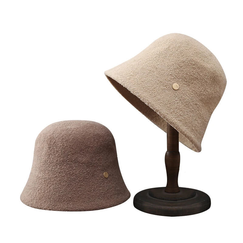 

2023 Warm Winter Solid Color Wool Felt Bucket Hats For Women Fashion Ladies Fleece Fedora Vintage Bowler Hat Dome Fisherman Cap