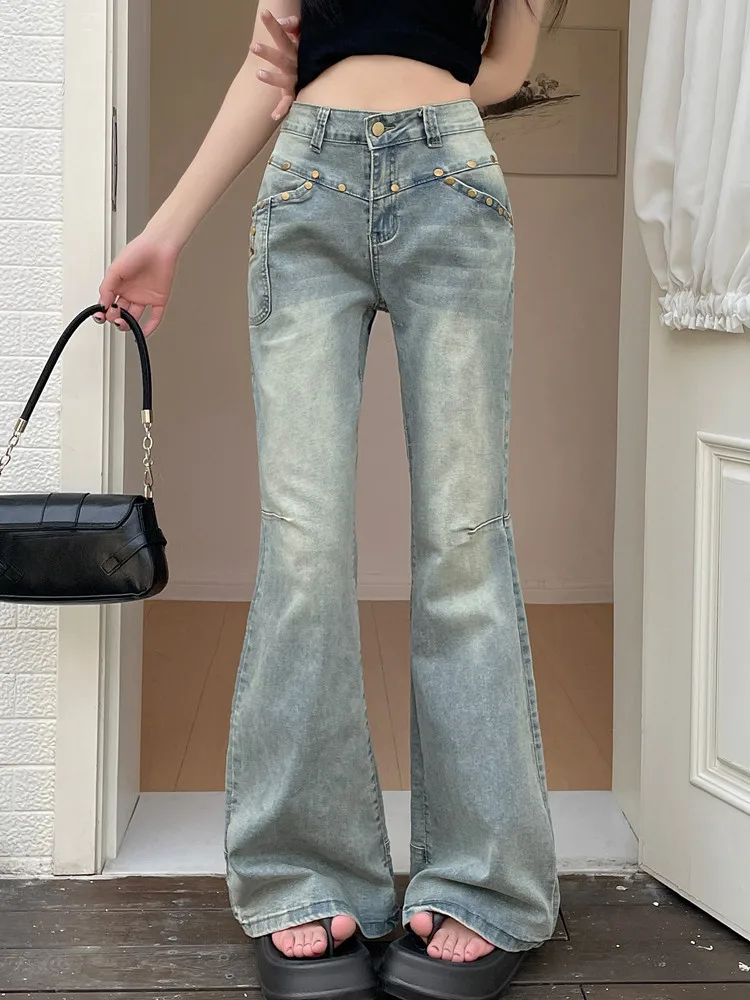 

2024 Spodnie Y2K Fashion Vintage Blue Rivet Pleated Flared Jeans Pants Women Designer Clothes Cheap Price Lady Denim Trousers