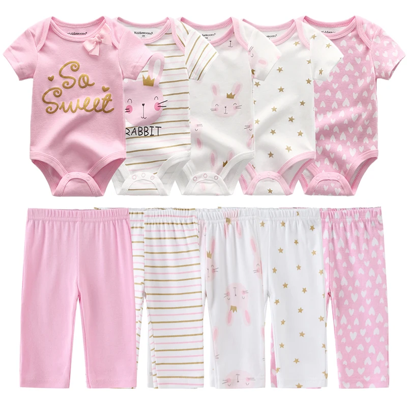 Unisex 6/9/10Pieces Cotton Bodysuits+Pants Newborn Baby Girl Clothes Print Baby Boy Clothes Sets Short Sleeve Bebes