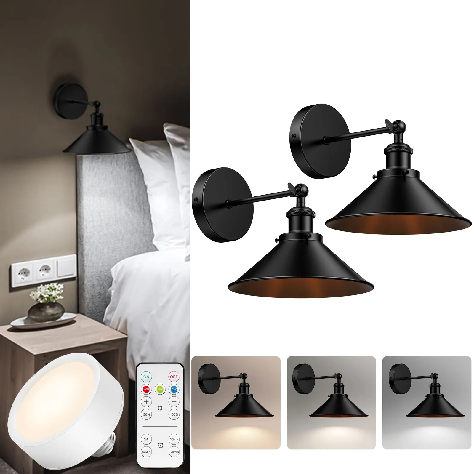 

Vintage Black Wireless Battery Operated Wall Sconces, Cordless LED Wall Lights Set of 2 with Remote Control, for Bedroom