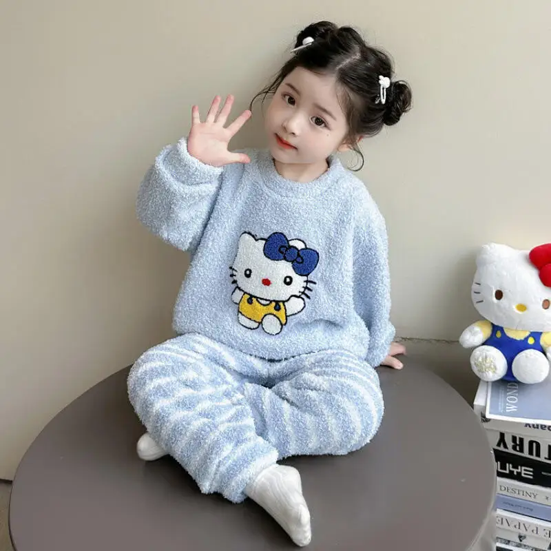 سانريو مرحبا كيتي البلوز منامة قطعتين مجموعة فتاة الخريف المرجان الصوف القمم السراويل الطفل kawaii أنيمي الكرتون ملابس منزلية جديدة #2