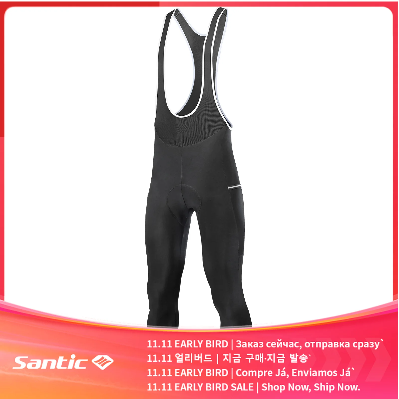 Santic Winter Men's  Cycling Bib Pants Windproof Keep Warm MTB Bike Pants with Sponge Pad & Pocket Thermal Bicycle Trousers
